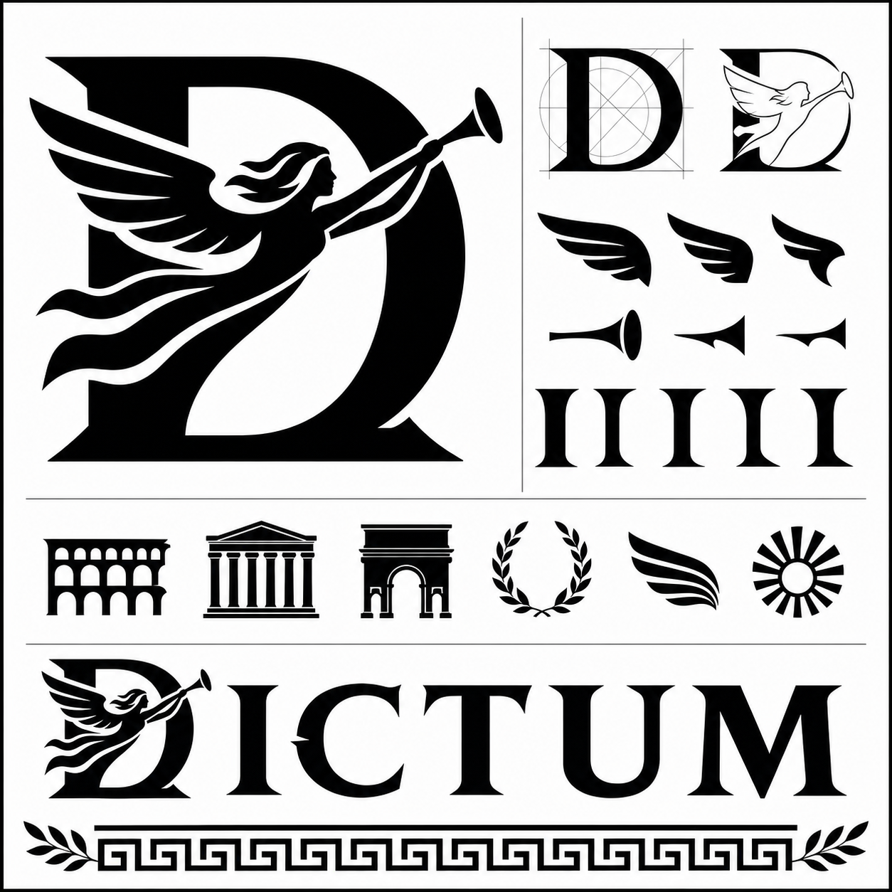 Planche inspiration noir et blanc Dictum antiquite romaine avec D Fama dynamique et trompe
