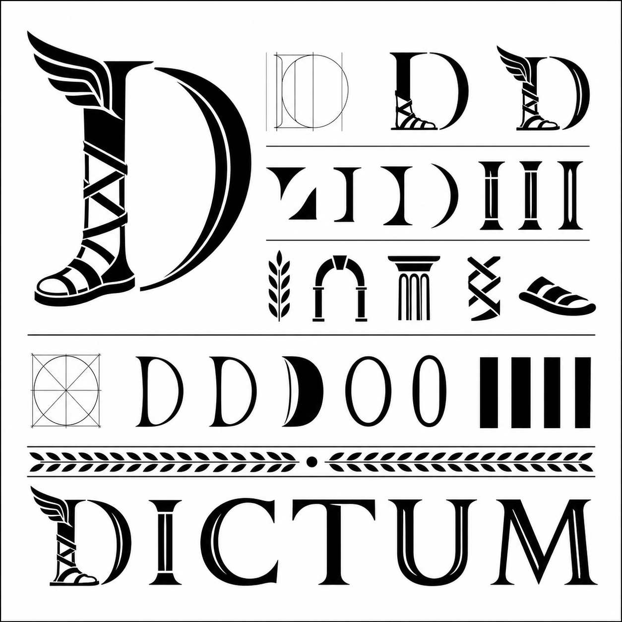 Planche inspiration noir et blanc Dictum antiquite romaine avec D sandales ailees de Mercure